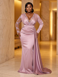 Satin Mermaid/Trumpet V-Neck Floor-Length Evening Dresses with Ruched Waist & Sweep Train
