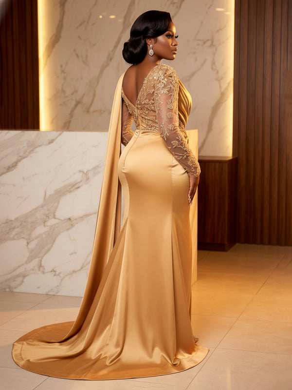 Satin Sheath/Column V-Neck Floor-Length Evening Dresses with Ruched Waist, Sweep Train & Slit