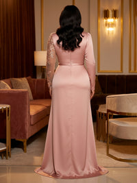 Satin Sheath/Column V-Neck Floor-Length Evening Dresses with Ruched Waist, Sweep Train & Slit