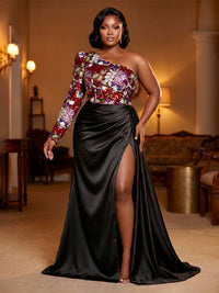 Satin Sheath/Column One Shoulder Floor-Length Evening Dresses with Sequin Floral Bodice & Slit
