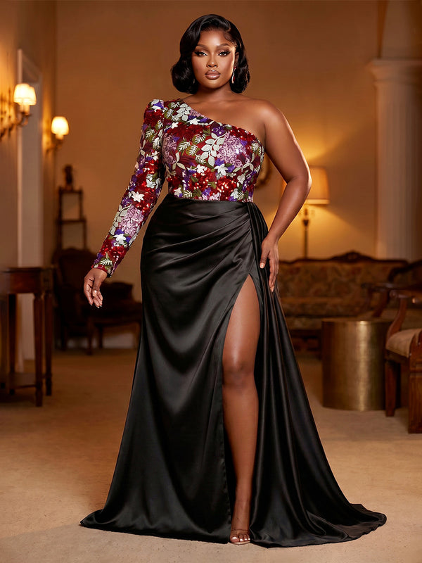 Satin Sheath/Column One Shoulder Floor-Length Evening Dresses with Sequin Floral Bodice & Slit