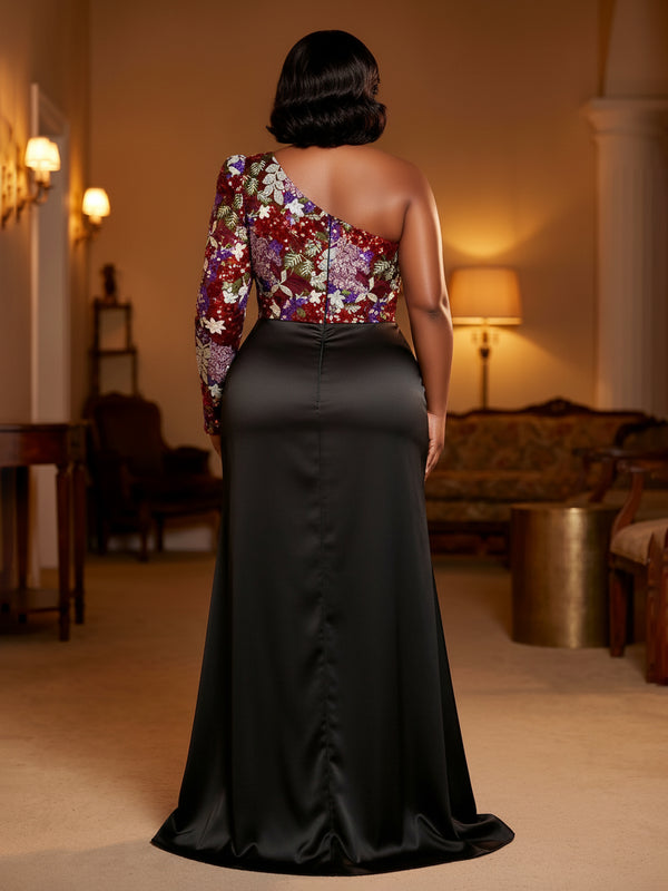 Satin Sheath/Column One Shoulder Floor-Length Evening Dresses with Sequin Floral Bodice & Slit
