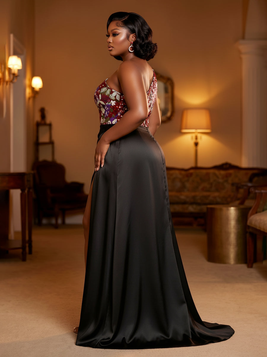 Satin Sheath/Column One Shoulder Floor-Length Evening Dresses with Sequin Floral Bodice & Slit