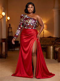 Satin Sheath/Column One Shoulder Floor-Length Evening Dresses with Sequin Floral Bodice & Slit