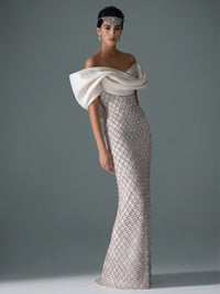 Sheath/Column Off Shoulder Sequin Floor-Length Evening Dresses with Asymmetrical Sleeve & Bow
