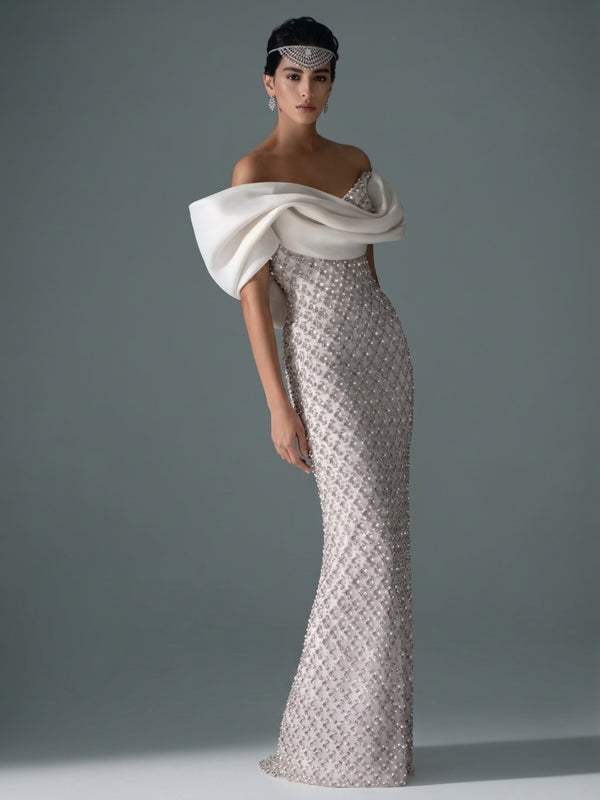 Sheath/Column Off Shoulder Sequin Floor-Length Evening Dresses with Asymmetrical Sleeve & Bow