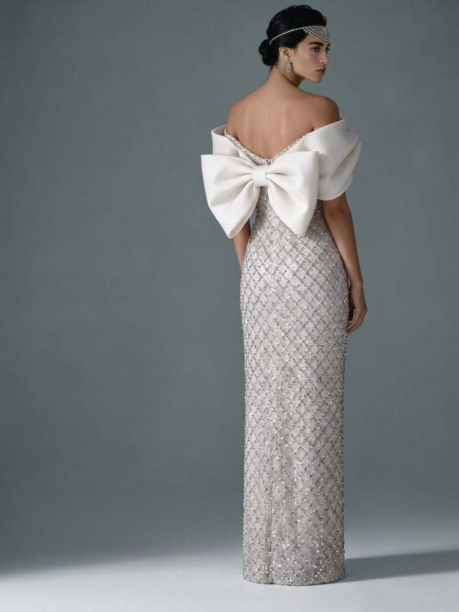 Sheath/Column Off Shoulder Sequin Floor-Length Evening Dresses with Asymmetrical Sleeve & Bow