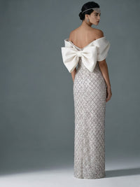 Sheath/Column Off Shoulder Sequin Floor-Length Evening Dresses with Asymmetrical Sleeve & Bow