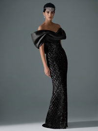 Sheath/Column Off Shoulder Sequin Floor-Length Evening Dresses with Asymmetrical Sleeve & Bow