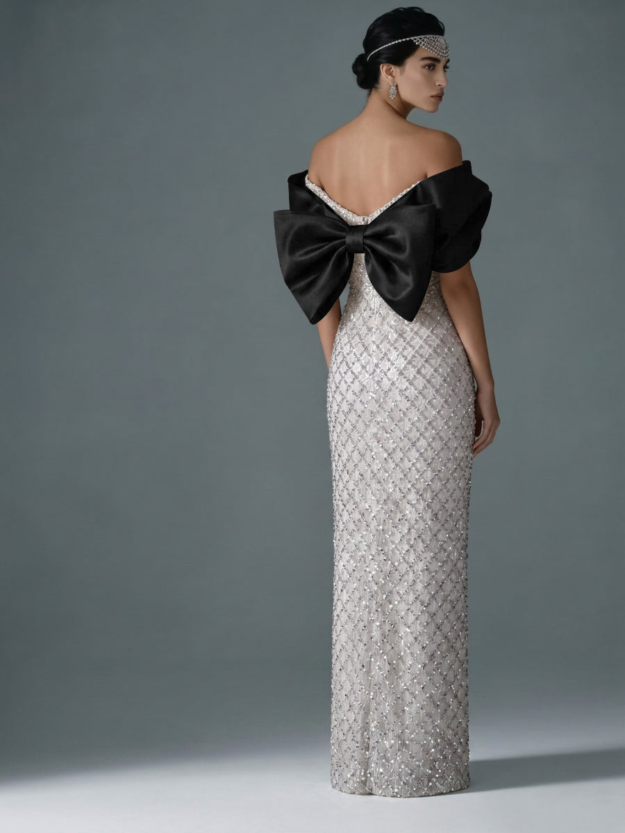 Sheath/Column Off Shoulder Sequin Floor-Length Evening Dresses with Asymmetrical Sleeve & Bow