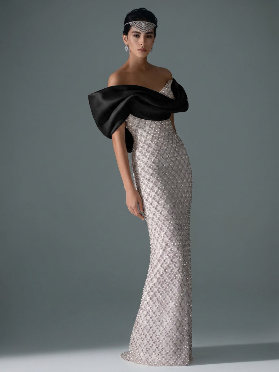 Sheath/Column Off Shoulder Sequin Floor-Length Evening Dresses with Asymmetrical Sleeve & Bow