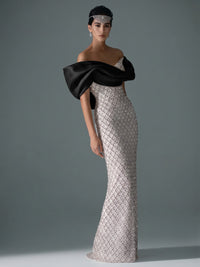 Sheath/Column Off Shoulder Sequin Floor-Length Evening Dresses with Asymmetrical Sleeve & Bow