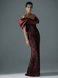 Sheath/Column Off Shoulder Sequin Floor-Length Evening Dresses with Asymmetrical Sleeve & Bow