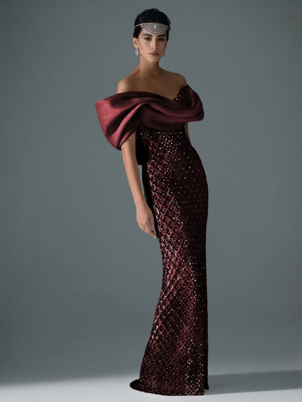 Sheath/Column Off Shoulder Sequin Floor-Length Evening Dresses with Asymmetrical Sleeve & Bow