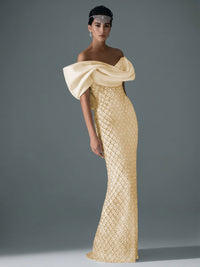 Sheath/Column Off Shoulder Sequin Floor-Length Evening Dresses with Asymmetrical Sleeve & Bow