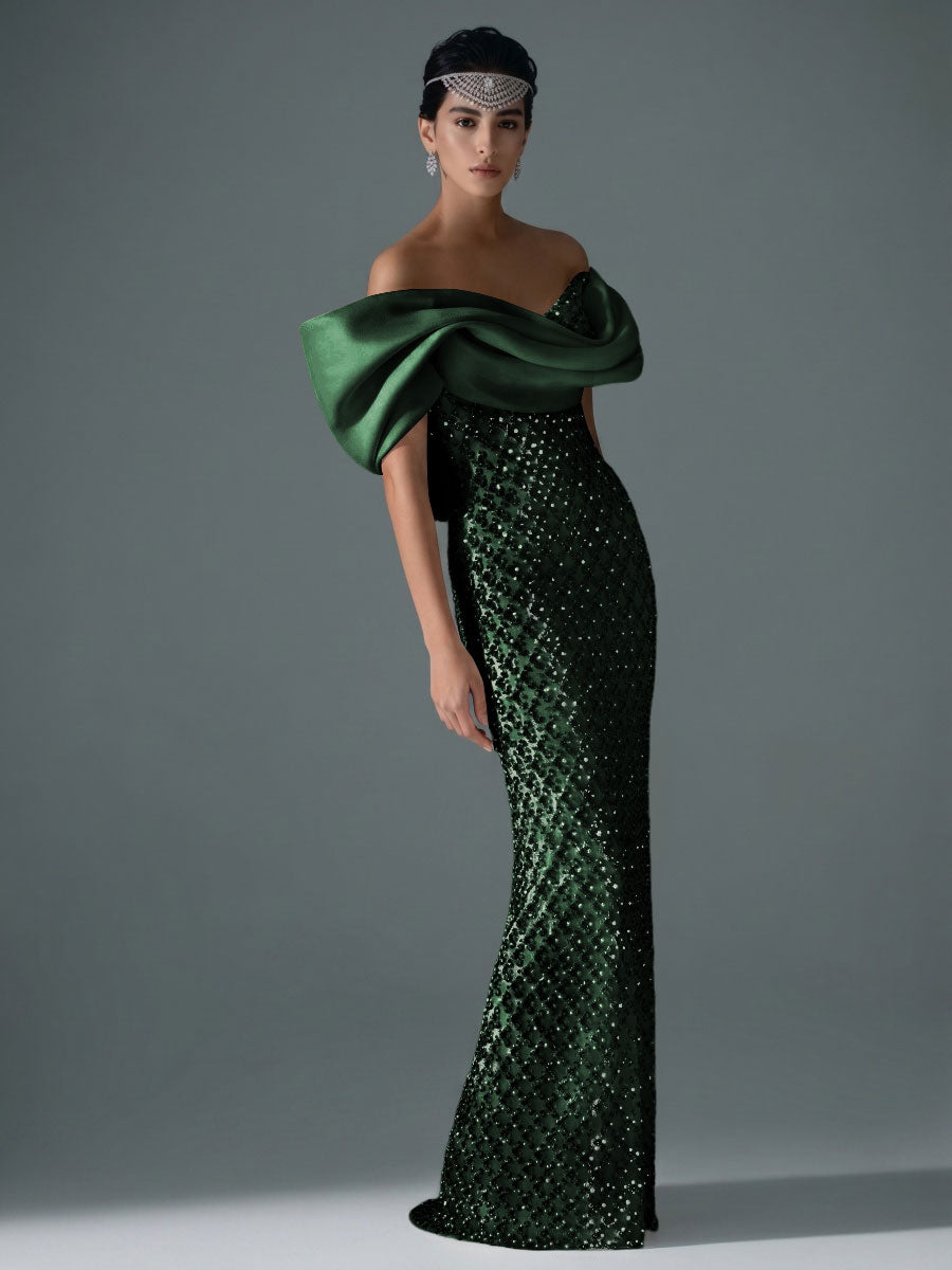 Sheath/Column Off Shoulder Sequin Floor-Length Evening Dresses with Asymmetrical Sleeve & Bow