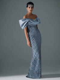 Sheath/Column Off Shoulder Sequin Floor-Length Evening Dresses with Asymmetrical Sleeve & Bow
