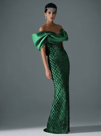 Sheath/Column Off Shoulder Sequin Floor-Length Evening Dresses with Asymmetrical Sleeve & Bow