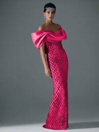 Sheath/Column Off Shoulder Sequin Floor-Length Evening Dresses with Asymmetrical Sleeve & Bow