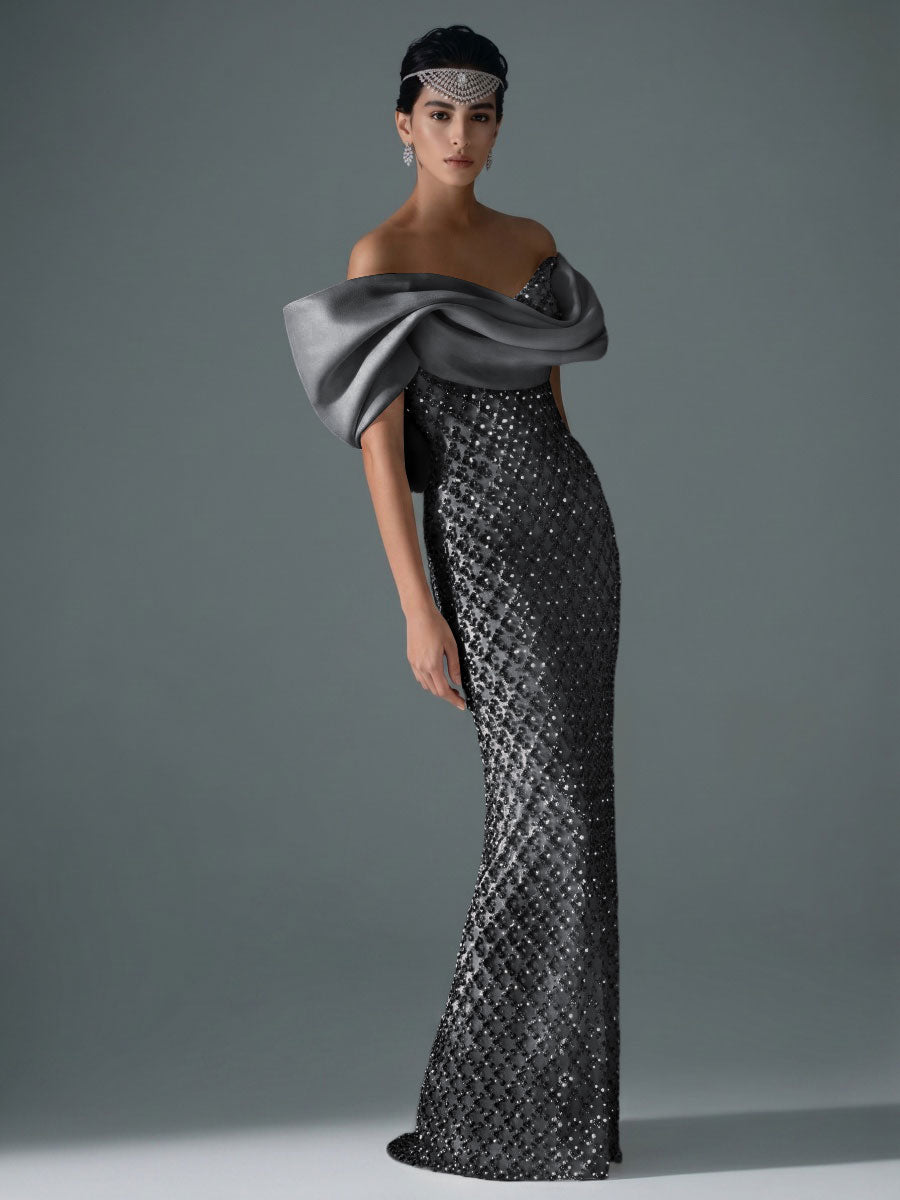 Sheath/Column Off Shoulder Sequin Floor-Length Evening Dresses with Asymmetrical Sleeve & Bow