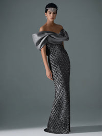 Sheath/Column Off Shoulder Sequin Floor-Length Evening Dresses with Asymmetrical Sleeve & Bow