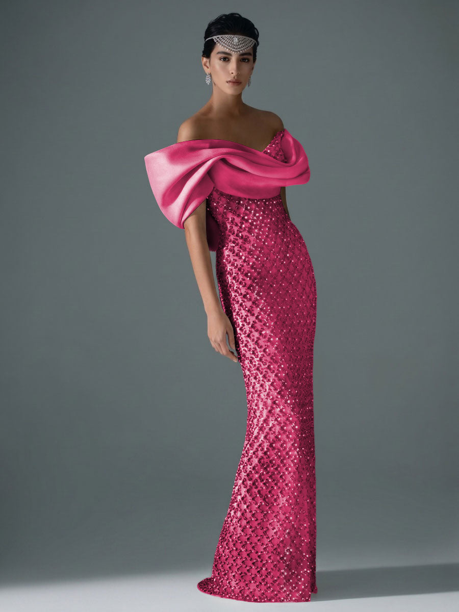 Sheath/Column Off Shoulder Sequin Floor-Length Evening Dresses with Asymmetrical Sleeve & Bow