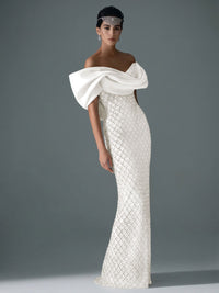 Sheath/Column Off Shoulder Sequin Floor-Length Evening Dresses with Asymmetrical Sleeve & Bow