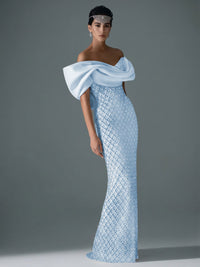 Sheath/Column Off Shoulder Sequin Floor-Length Evening Dresses with Asymmetrical Sleeve & Bow