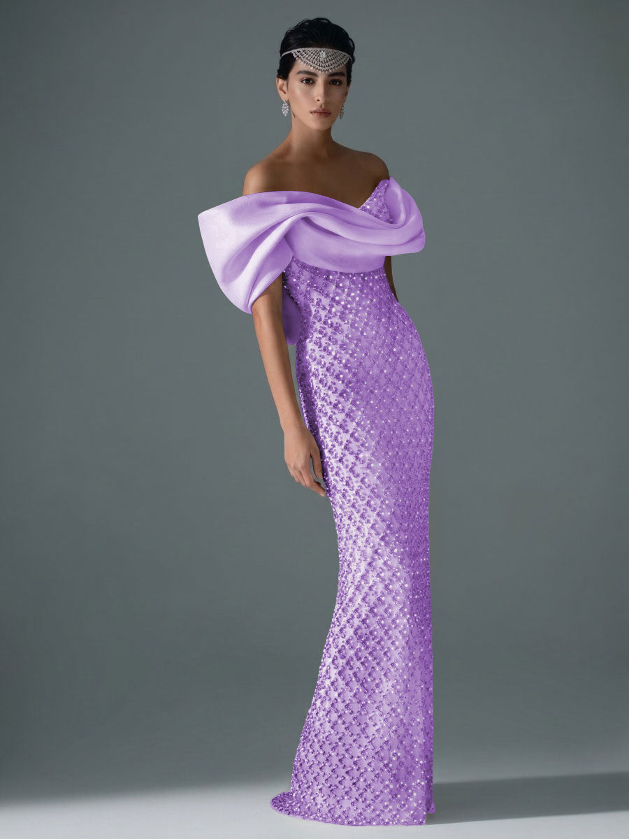 Sheath/Column Off Shoulder Sequin Floor-Length Evening Dresses with Asymmetrical Sleeve & Bow
