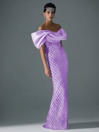 Sheath/Column Off Shoulder Sequin Floor-Length Evening Dresses with Asymmetrical Sleeve & Bow