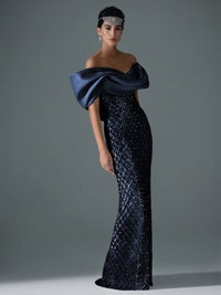 Sheath/Column Off Shoulder Sequin Floor-Length Evening Dresses with Asymmetrical Sleeve & Bow