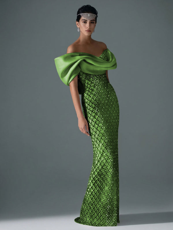Sheath/Column Off Shoulder Sequin Floor-Length Evening Dresses with Asymmetrical Sleeve & Bow