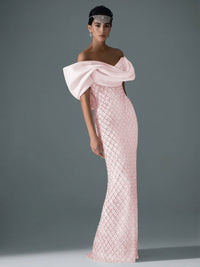 Sheath/Column Off Shoulder Sequin Floor-Length Evening Dresses with Asymmetrical Sleeve & Bow
