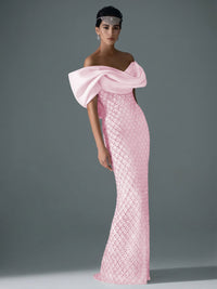 Sheath/Column Off Shoulder Sequin Floor-Length Evening Dresses with Asymmetrical Sleeve & Bow