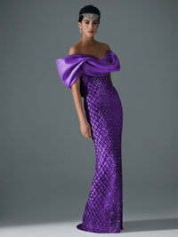 Sheath/Column Off Shoulder Sequin Floor-Length Evening Dresses with Asymmetrical Sleeve & Bow