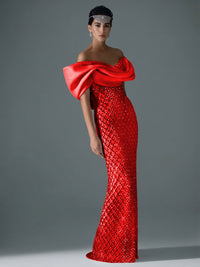 Sheath/Column Off Shoulder Sequin Floor-Length Evening Dresses with Asymmetrical Sleeve & Bow