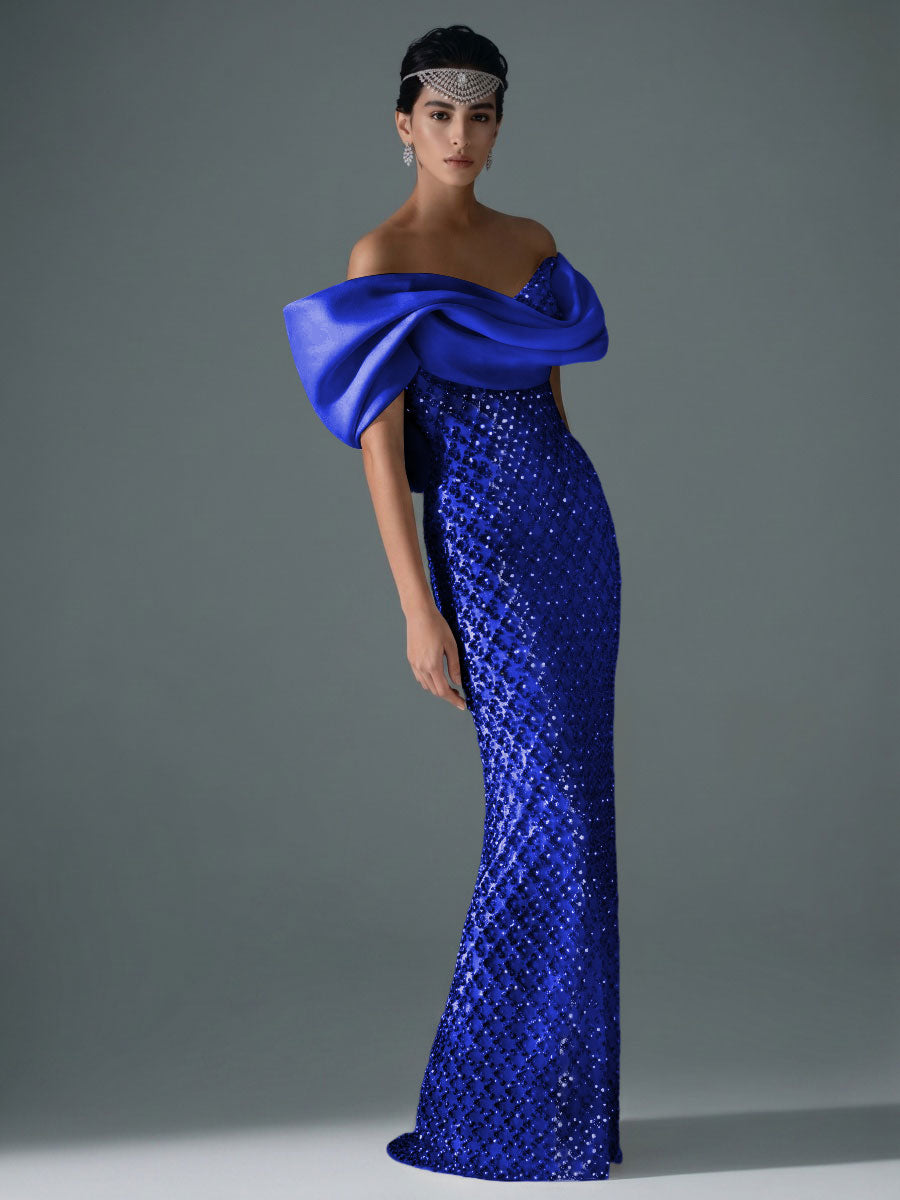 Sheath/Column Off Shoulder Sequin Floor-Length Evening Dresses with Asymmetrical Sleeve & Bow