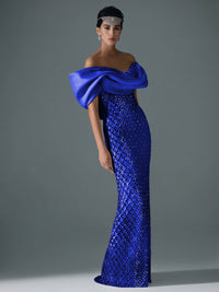 Sheath/Column Off Shoulder Sequin Floor-Length Evening Dresses with Asymmetrical Sleeve & Bow