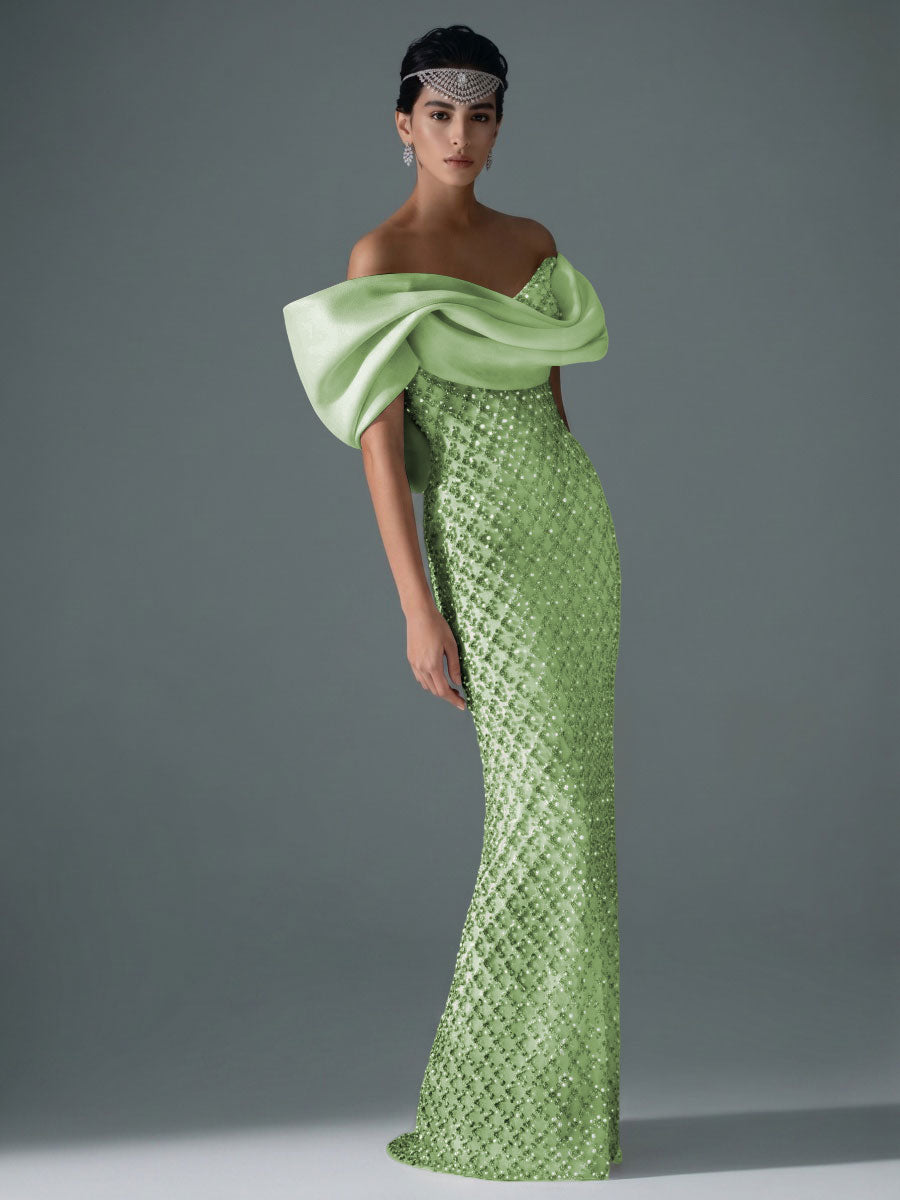 Sheath/Column Off Shoulder Sequin Floor-Length Evening Dresses with Asymmetrical Sleeve & Bow