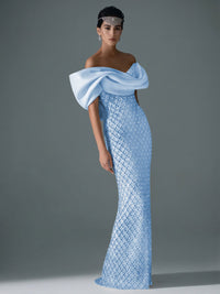 Sheath/Column Off Shoulder Sequin Floor-Length Evening Dresses with Asymmetrical Sleeve & Bow