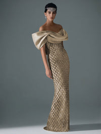 Sheath/Column Off Shoulder Sequin Floor-Length Evening Dresses with Asymmetrical Sleeve & Bow