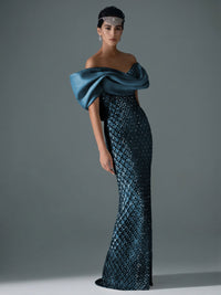Sheath/Column Off Shoulder Sequin Floor-Length Evening Dresses with Asymmetrical Sleeve & Bow