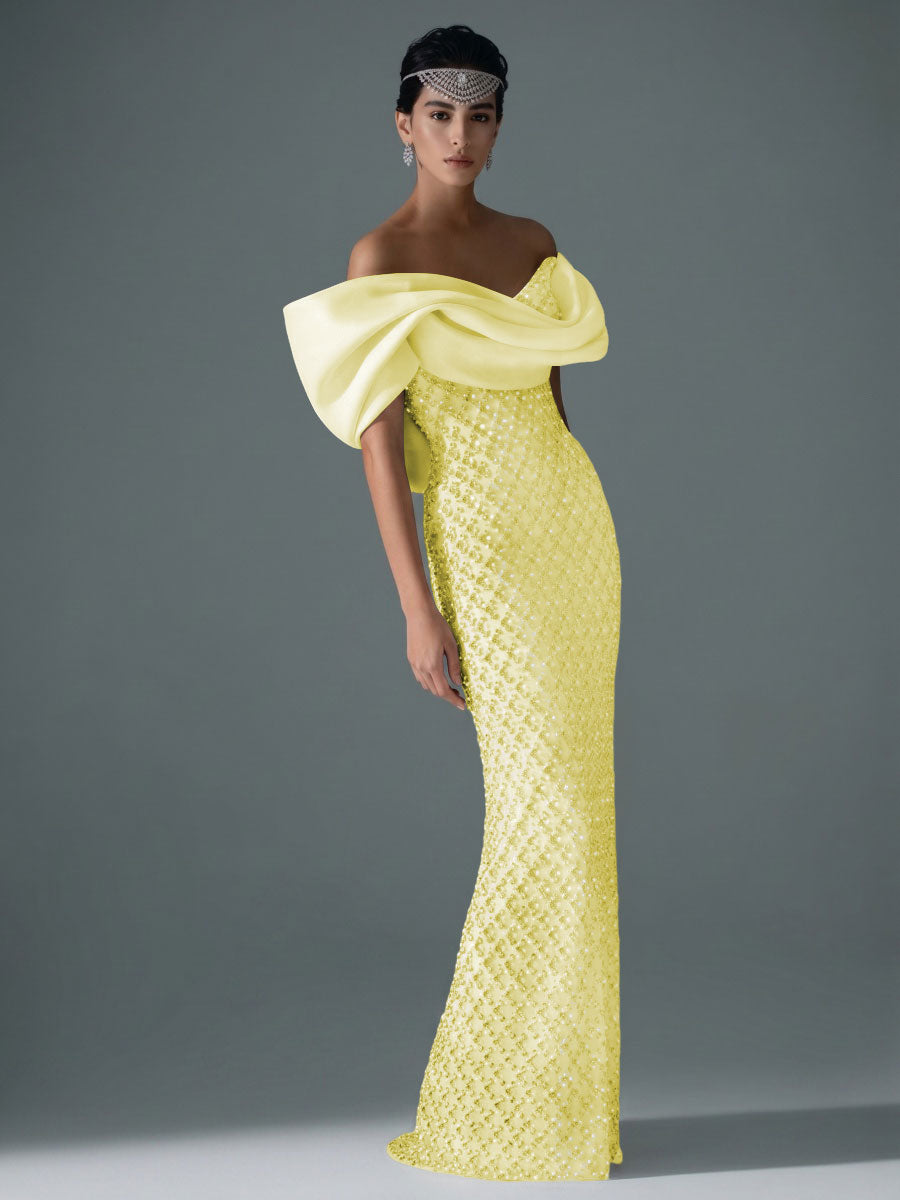 Sheath/Column Off Shoulder Sequin Floor-Length Evening Dresses with Asymmetrical Sleeve & Bow