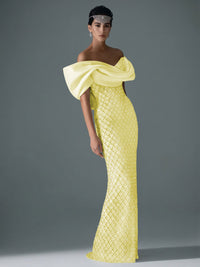 Sheath/Column Off Shoulder Sequin Floor-Length Evening Dresses with Asymmetrical Sleeve & Bow