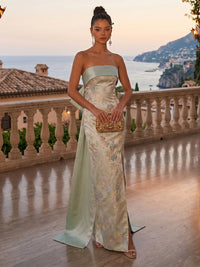 Jacquard Sheath/Column Strapless Floor-Length Evening Dresses with Corset Bodice, Bow & Sweep Train