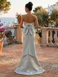 Jacquard Sheath/Column Strapless Floor-Length Evening Dresses with Corset Bodice, Bow & Sweep Train