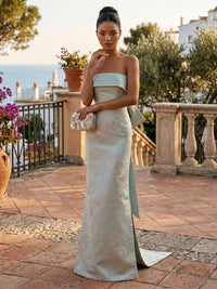 Jacquard Sheath/Column Strapless Floor-Length Evening Dresses with Corset Bodice, Bow & Sweep Train