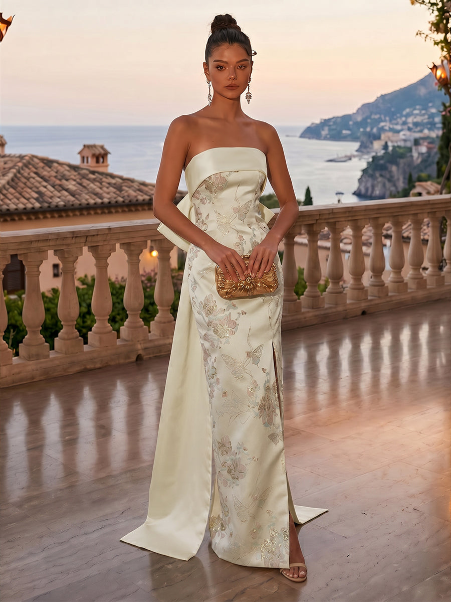 Jacquard Sheath/Column Strapless Floor-Length Evening Dresses with Corset Bodice, Bow & Sweep Train
