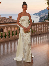 Jacquard Sheath/Column Strapless Floor-Length Evening Dresses with Corset Bodice, Bow & Sweep Train