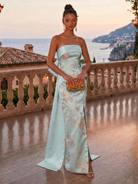 Jacquard Sheath/Column Strapless Floor-Length Evening Dresses with Corset Bodice, Bow & Sweep Train